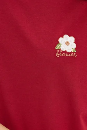 Kadın Oversize Geniş Kesim %100 Pamuk Bisiklet Yaka Kısa Kollu Baskılı Kırmızı Tişört