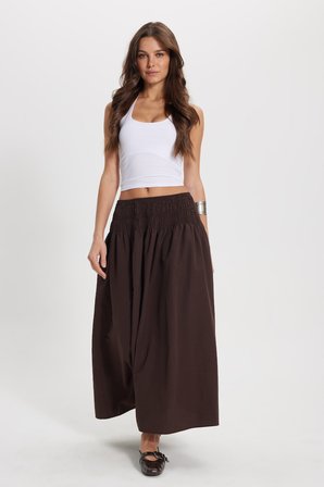 Kadın Slim Fit Dar Kesim Pamuklu Beli Lastikli Kahverengi Etek