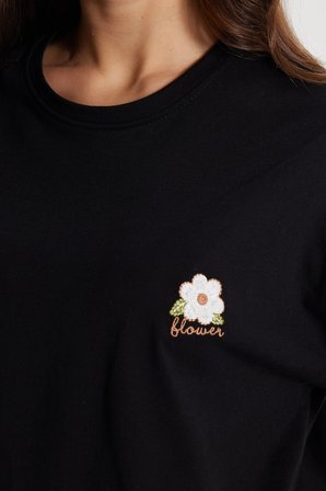 Kadın Oversize Geniş Kesim %100 Pamuk Bisiklet Yaka Kısa Kollu Baskılı Siyah Tişört