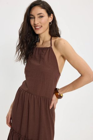 Kadın Standart Fit Normal Kesim Kare Yaka Bağlama Detaylı Kahverengi Keten Elbise