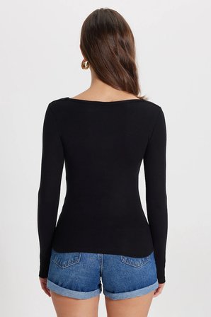 Kadın Slim Fit Dar Kesim Pamuklu Uzun Kollu V Yaka Siyah Tişört Bluz