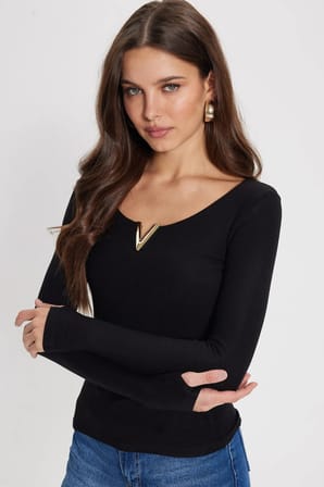 Kadın Slim Fit Dar Kesim Pamuklu Uzun Kollu V Yaka Siyah Tişört Bluz