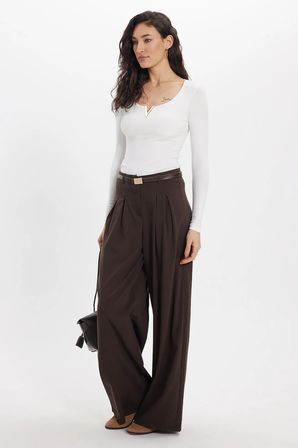 Kadın Slim Fit Dar Kesim Pamuklu Uzun Kollu V Yaka Ekru Tişört Bluz