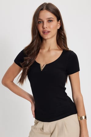 Kadın Slim Fit Dar Kesim Pamuklu V Yaka Kısa Kollu Siyah Bluz