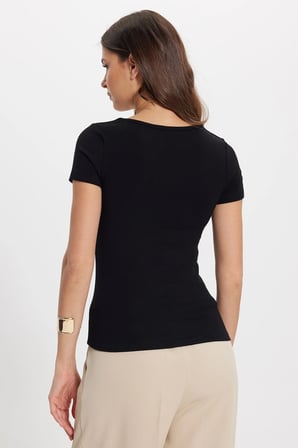 Kadın Slim Fit Dar Kesim Pamuklu V Yaka Kısa Kollu Siyah Bluz