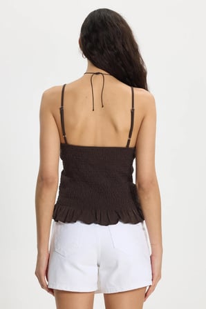 Kadın Slim Fit Dar Kesim %100 Pamuk Askılı  Büzgülü V Yaka Kahverengi Bluz