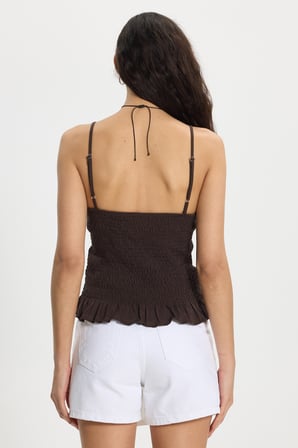 Kadın Slim Fit Dar Kesim %100 Pamuk Askılı  Büzgülü V Yaka Kahverengi Bluz
