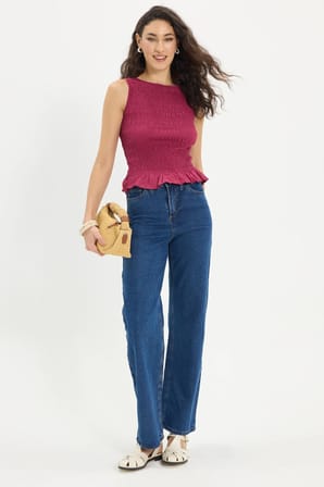 Kadın Slim Fit Dar Kesim %100 Pamuk Sıfır Kol Büzgülü Bisiklet Yaka Fuşya Bluz