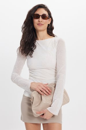 Kadın Slim Fit Dar Kesim Bisiklet Yaka Uzun Kollu Ekru Bluz