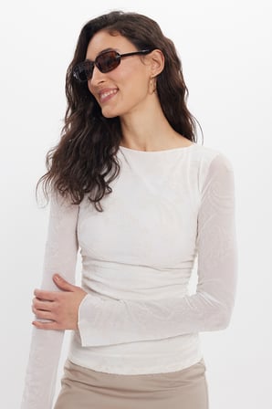 Kadın Slim Fit Dar Kesim Bisiklet Yaka Uzun Kollu Ekru Bluz
