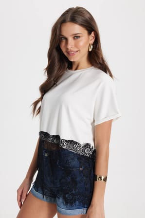 Kadın Oversize Geniş Kesim Dantel Detaylı Bisiklet Yaka Beyaz Tişört