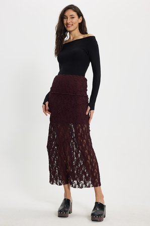 Kadın Slim Fit Dar Kesim Lastikli Yüksek Bel Dantelli Kahverengi Etek 