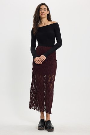 Kadın Slim Fit Dar Kesim Lastikli Yüksek Bel Dantelli Kahverengi Etek 