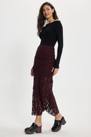 Kadın Slim Fit Dar Kesim Lastikli Yüksek Bel Dantelli Kahverengi Etek 