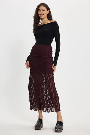 Kadın Slim Fit Dar Kesim Lastikli Yüksek Bel Dantelli Kahverengi Etek 