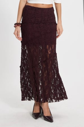 Kadın Slim Fit Dar Kesim Lastikli Yüksek Bel Dantelli Bordo Etek 