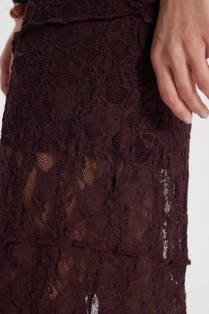 Kadın Slim Fit Dar Kesim Lastikli Yüksek Bel Dantelli Bordo Etek 