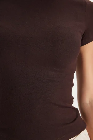 Kadın Slim Fit Dar Kesim Pamuklu Kısa Kollu Bisiklet Yaka Kahverengi Tişört