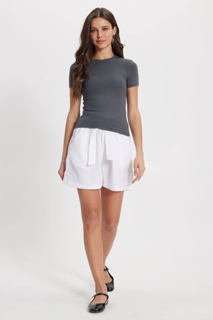 Kadın Slim Fit Dar Kesim Pamuklu Kısa Kollu Bisiklet Yaka Gri Tişört