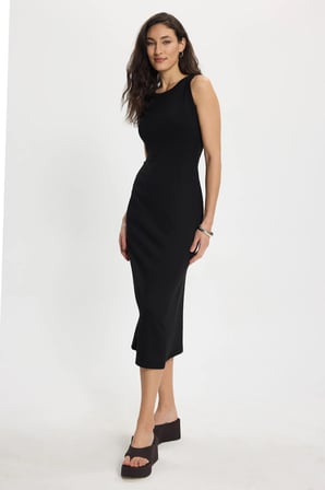 Kadın Slim Fit Dar Kesim Pamuklu Sıfır Kol Bisiklet Yaka Siyah Elbise