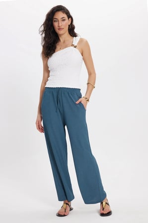 Kadın Regular Fit Klasik Kesim Pamuklu Beli Bağcıklı Desenli Çift Cepli İndigo Pantolon