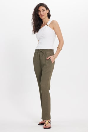 Kadın Regular Fit Klasik Kesim Pamuklu Beli Bağcıklı Desenli Çift Cepli Haki Pantolon