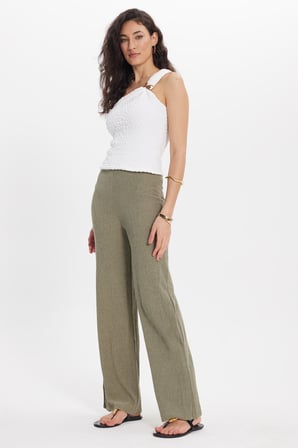 Kadın Regular Fit Klasik Kesim Beli Lastikli Desenli Yeşil Palazzo Pantolon