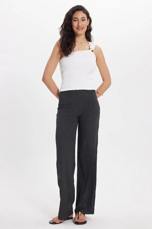 Kadın Regular Fit Klasik Kesim Beli Lastikli Desenli Antrasit Palazzo Pantolon