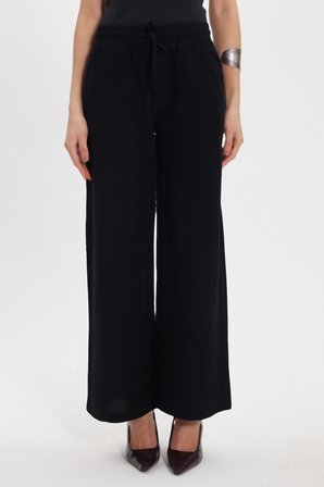 Kadın Regular Fit Klasik Kesim Pamuklu Beli Bağcıklı Lastikli Keten Görünümlü Siyah Palazzo Pantolon