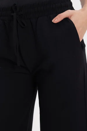 Kadın Regular Fit Klasik Kesim Pamuklu Beli Bağcıklı Lastikli Keten Görünümlü Siyah Palazzo Pantolon