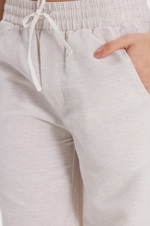 Kadın Regular Fit Klasik Kesim Pamuklu Beli Bağcıklı Lastikli Keten Görünümlü Taş Palazzo Pantolon