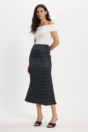 Kadın Slim Fit Dar Kesim Yüksek Bel Midi Boy Viskon Puantiyeli Siyah Etek