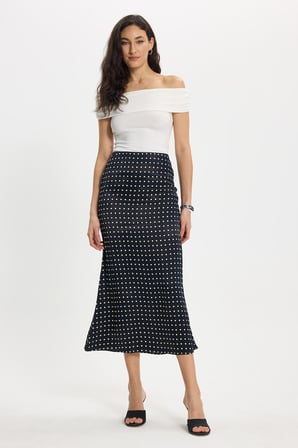 Kadın Slim Fit Dar Kesim Yüksek Bel Midi Boy Viskon Puantiyeli Siyah Etek