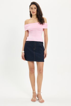 Kadın Slim Fit Dar Kesim Pamuklu Kayık Yaka Kısa Kollu Likralı Pembe Bluz