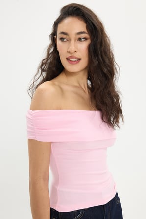 Kadın Slim Fit Dar Kesim Pamuklu Kayık Yaka Kısa Kollu Likralı Pembe Bluz