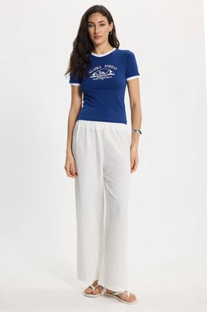 Kadın Slim Fit Dar Kesim %100 Pamuk Bisiklet Yaka Kısa Kollu Baskılı Lacivert Tişört