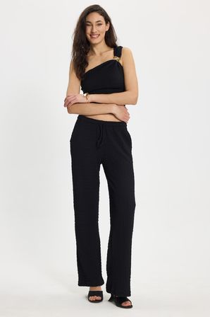 Kadın Slim Fit Dar Kesim Tek Omuz Tek Kol Doku Desenli Siyah Bluz