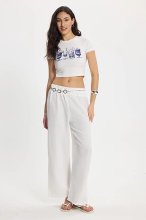 Kadın Slim Fit Dar Kesim %100 Pamuk Bisiklet Yaka Kısa Kollu Baskılı Ekru Crop Tişört