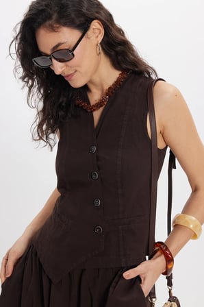 Kadın Slim Fit Dar Kesim %100 Pamuk V Yaka Çift Cepli Kahverengi Etek Yelek Takım