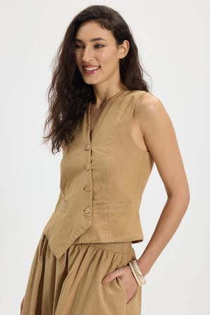 Kadın Slim Fit Dar Kesim %100 Pamuk V Yaka Çift Cepli Bej Etek Yelek Takım