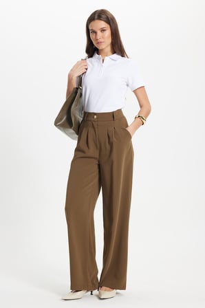 Kadın Relax Fit Rahat Kesim Gold Düğme Detaylı Çift Cepli Kahverengi Pantolon