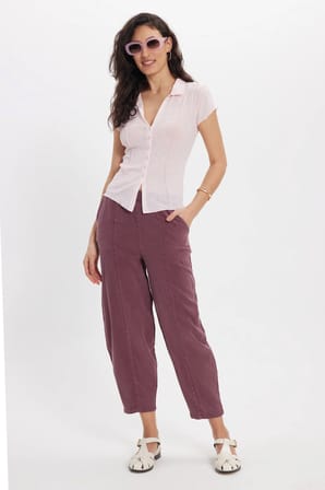 Kadın Relax Fit Rahat Kesim Beli Lastikli Yumuşak Dokulu Çift Cepli Mürdüm Pantolon
