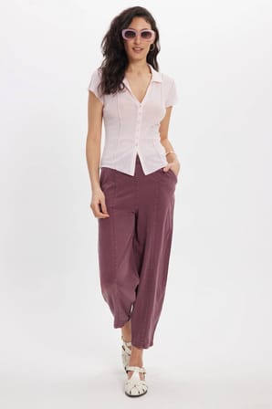 Kadın Relax Fit Rahat Kesim Beli Lastikli Yumuşak Dokulu Çift Cepli Mürdüm Pantolon
