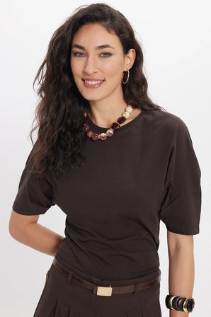Kadın Oversize Geniş Kesim %100 Pamuk Bisiklet Yaka Yarasa Kol Kahverengi Tişört