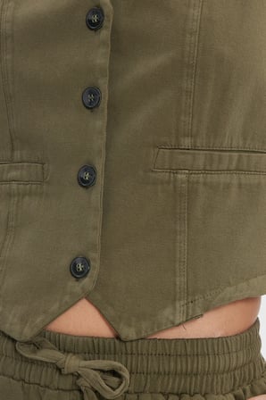Kadın Slim Fit Dar Kesim %100 Pamuk V Yaka Çift Cepli Haki Yelek Pantolon Takım