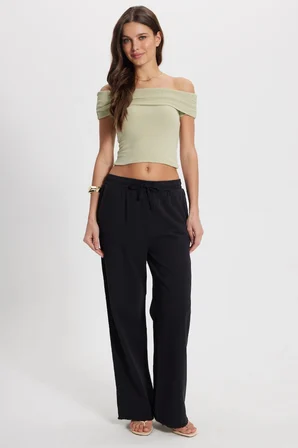 Kadın Relax Fit Rahat Kesim %100 Pamuk Beli Bağcıklı Lastikli Çift Cepli Siyah Pantolon