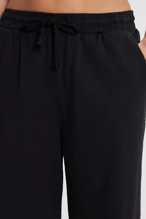 Kadın Relax Fit Rahat Kesim %100 Pamuk Beli Bağcıklı Lastikli Çift Cepli Siyah Pantolon