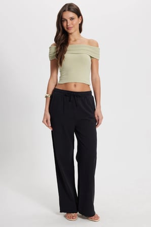 Kadın Relax Fit Rahat Kesim %100 Pamuk Beli Bağcıklı Lastikli Çift Cepli Siyah Pantolon