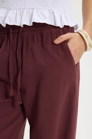 Kadın Relax Fit Rahat Kesim %100 Pamuk Beli Bağcıklı Lastikli Çift Cepli Mürdüm Pantolon