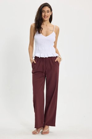 Kadın Relax Fit Rahat Kesim %100 Pamuk Beli Bağcıklı Lastikli Çift Cepli Mürdüm Pantolon